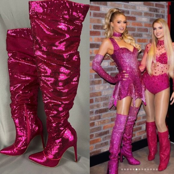Womens Knee High Boots 6 Metallic Pink Sequin Pointed Toe Stiletto Heel Side Zip - Picture 1 of 11